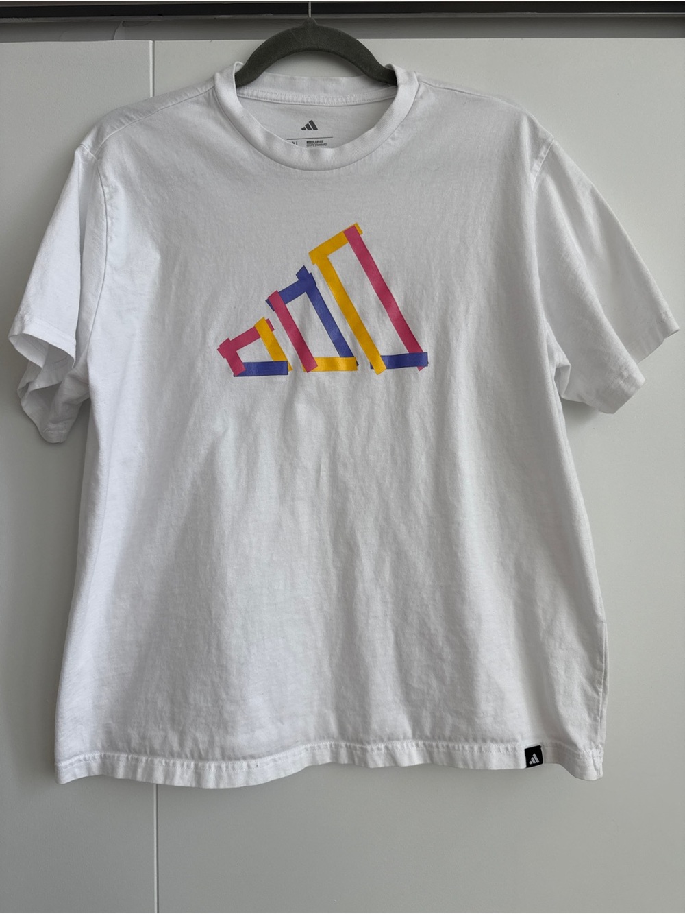 Adidas Women’s White Logo T-Shirt with Pink, Yellow & Blue Accent